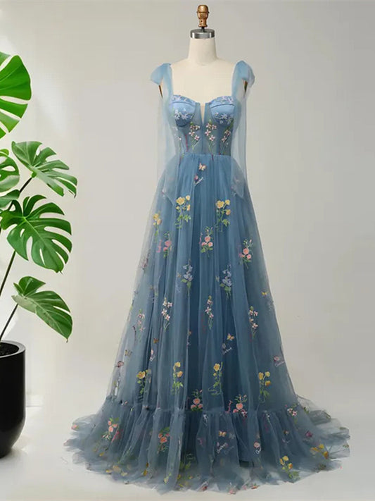 Blue Floral Embroidery Tulle Prom Dress, A-Line Fairy Gown Blue Party Dress