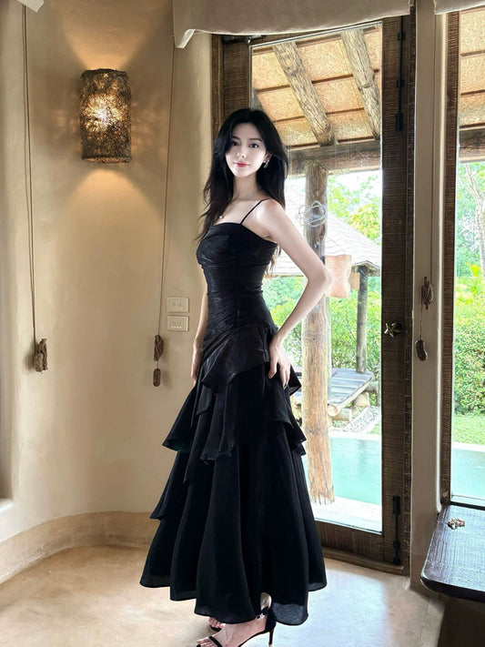 Black Satin Mermaid Straps Long Formal Dress, Black Cute Prom Dress Evening Dress
