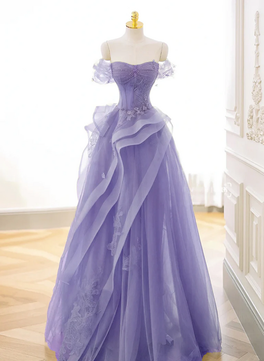 Purple A-line Tulle Off Shoulder Long Prom Dress, Purple Lace Evening Dress
