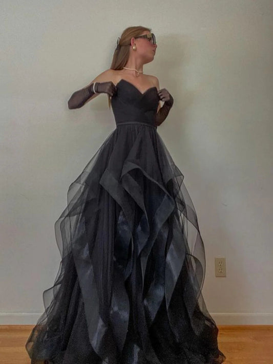 Lovely Black Tulle Strapless Sweetheart A-line Prom Dress, Black Tulle Long Party Dress