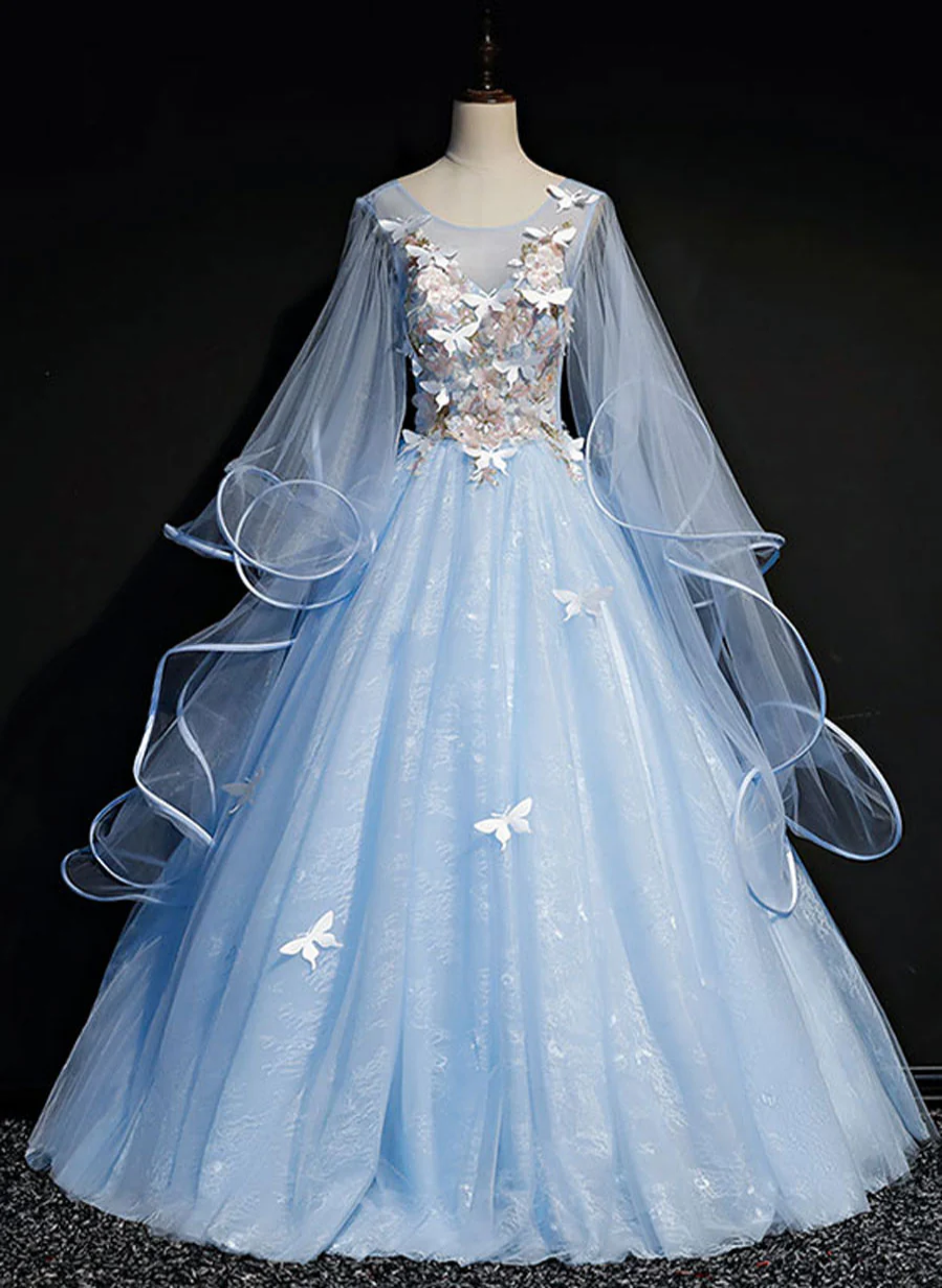 Light Blue Puffy Sleeves Tulle Ball Gown Party Dress, Sweet 16 Dresses Formaldressy Light Blue Puffy Sleeves Tulle Ball Gown Party Dress, Sweet 16 Dresses Formaldressy