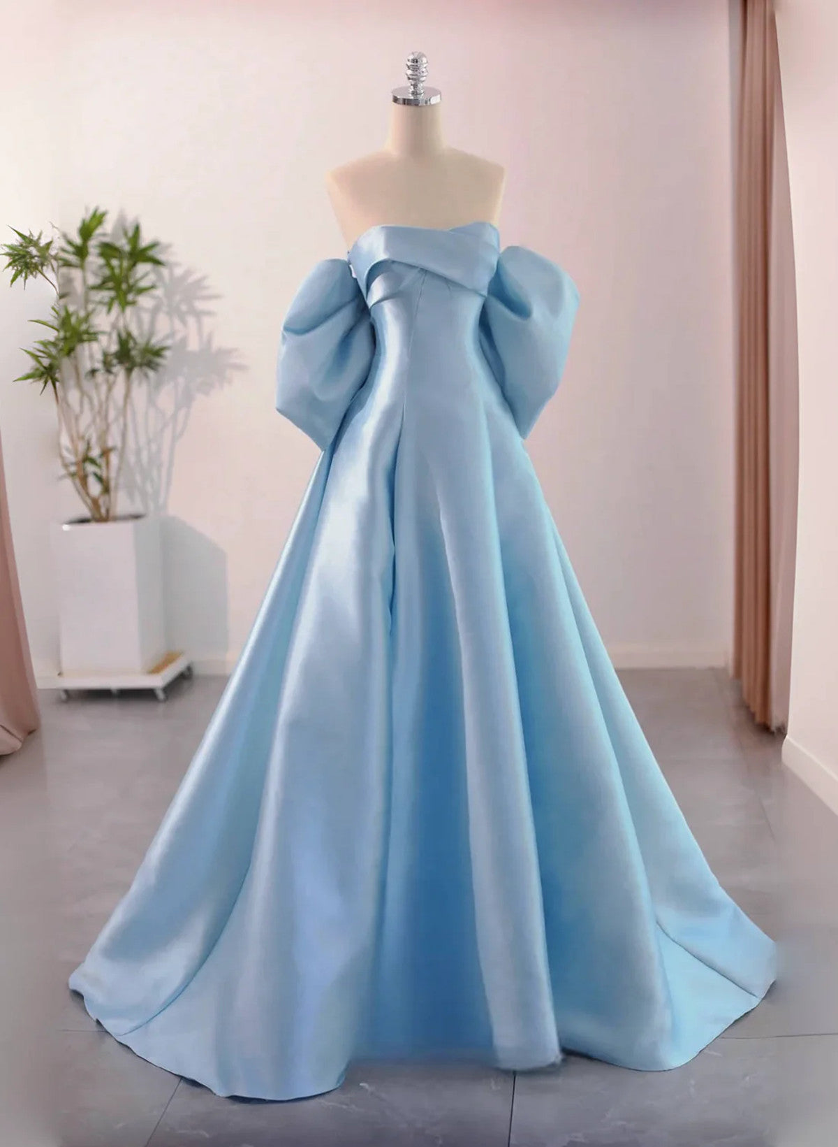 Blue Satin A-line Long Party Dress, Blue Satin Long Evening Dress Prom