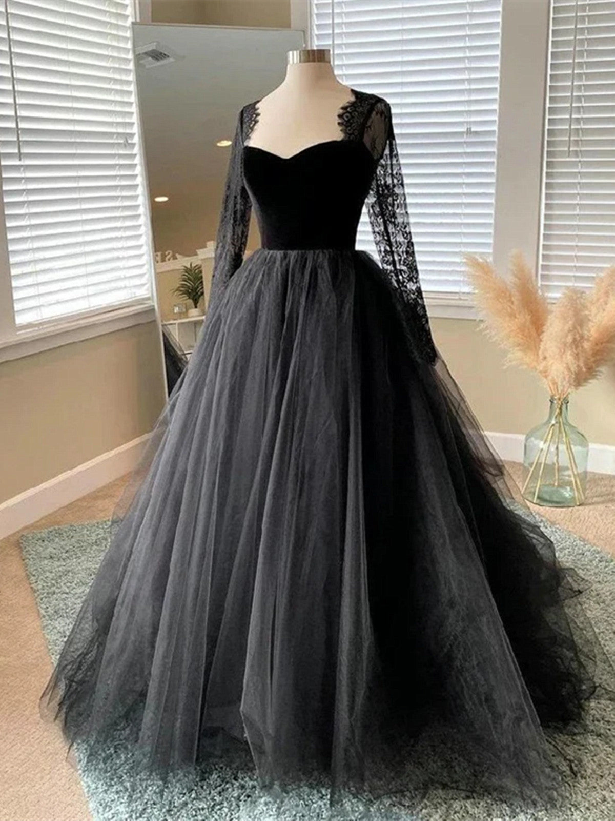 Black A-line Long Lace Sleeves Tulle Formal Dress, Black Prom Dress Pa