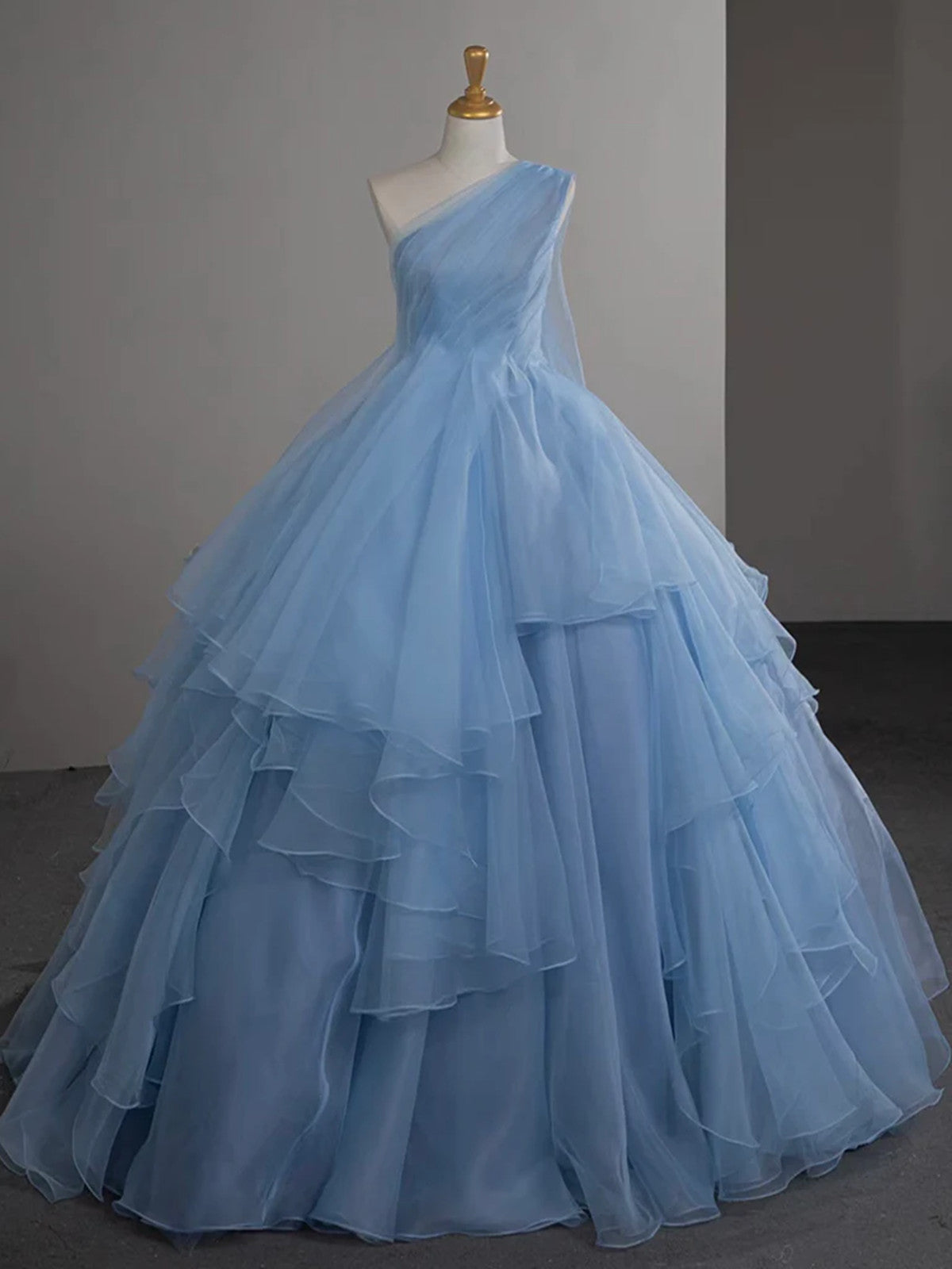 Light Blue Tulle One Shoulder Ball Gown Formal Dress, Light Blue Party