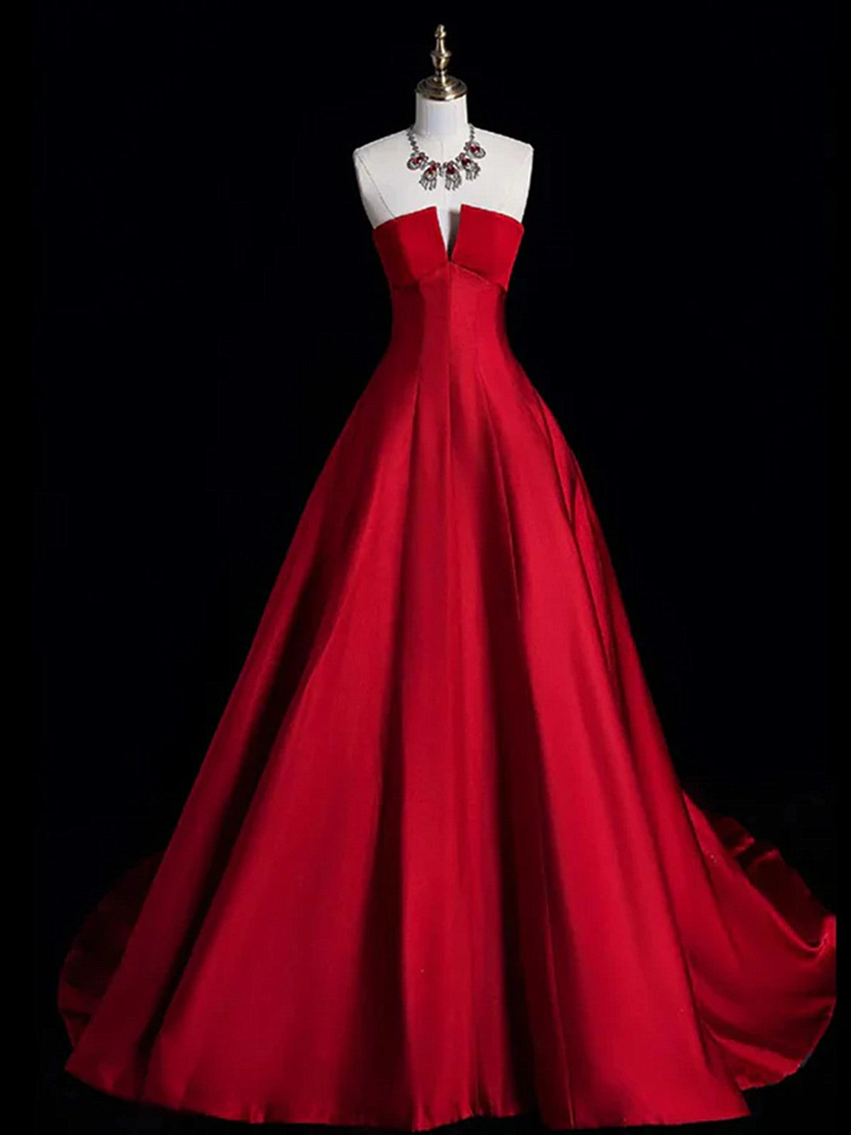 A-line Red Strapless Satin Long Formal Dress, Red Lace-up Party Dress