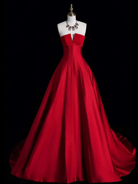 A-line Red Strapless Satin Long Formal Dress, Red Lace-up Party Dress Evening Dress