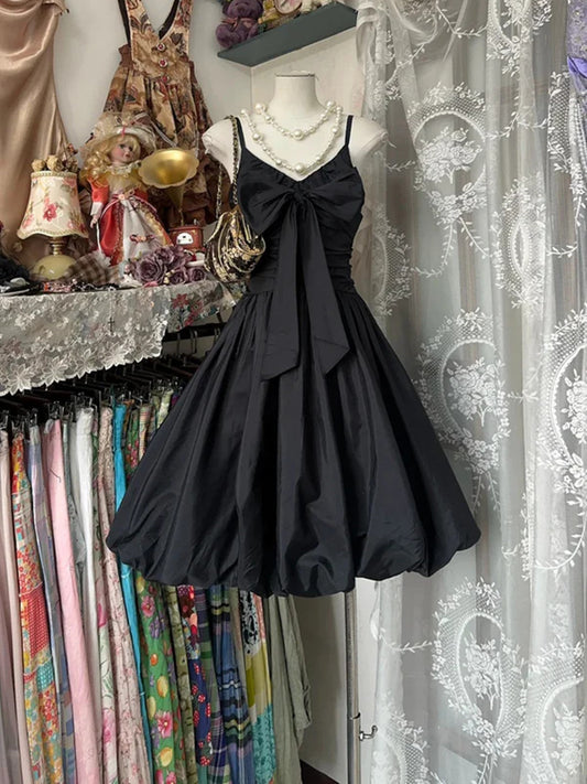 Black Short Taffeta Knee Length Homecoming Dress, Black Taffeta Short Prom Dress