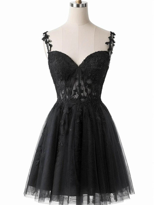 A-line Black Tulle with Lace Short Party Dress, Black Straps Tulle Homecominig Dress