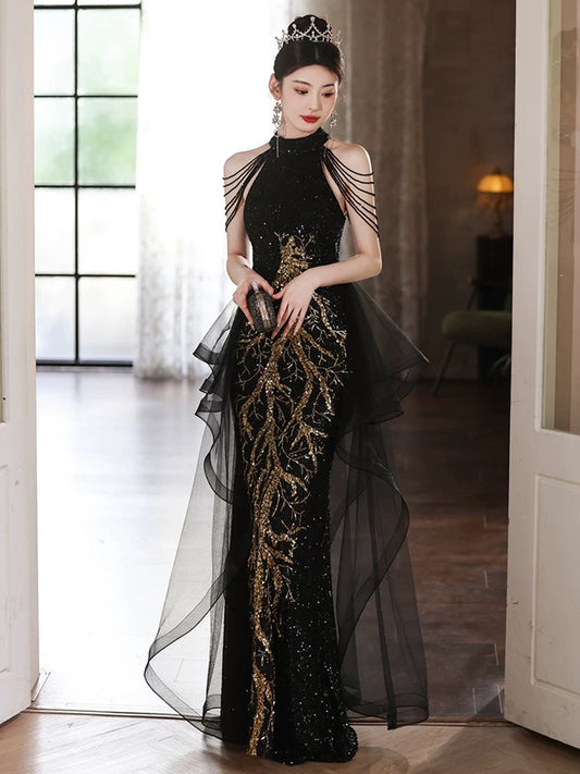 Elegant Black Sequins Halter Evening Dress With Lace Applique, Black Long Prom Dress