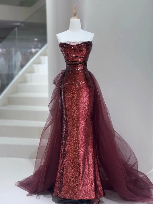 Wine Red Sequins Long Party Dress with Tulle, Wine Red Long Formal Dress Prom Dress