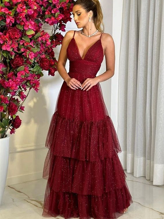 Wine Red Shiny Tulle V-neckline Straps Party Dress, Wine Red Tulle Long Prom Dress