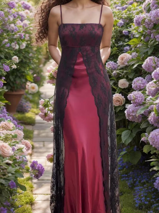 A-line Straps Black Lace and Wine Red Long Party Dress, Scoop Floor Length Prom Dress