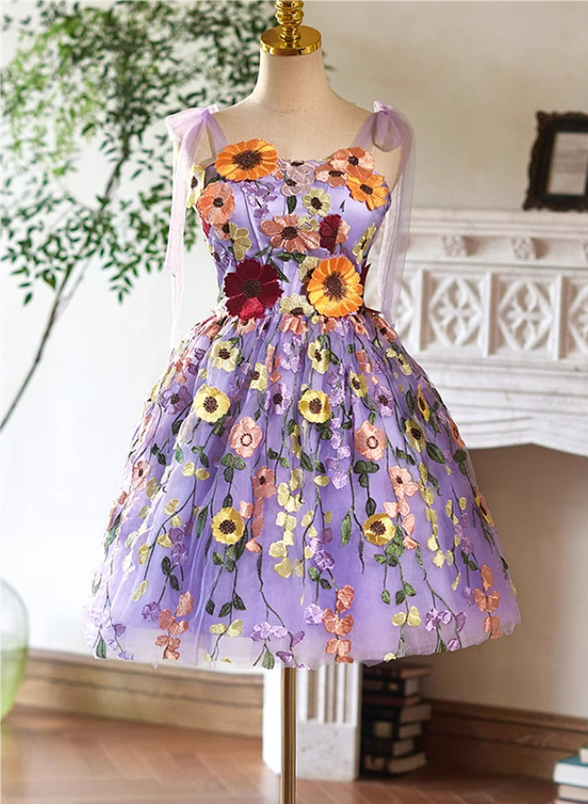 light purple short formal dress Cute Light Purple Tulle Short Prom Dress, Lace Applique Formal Dress