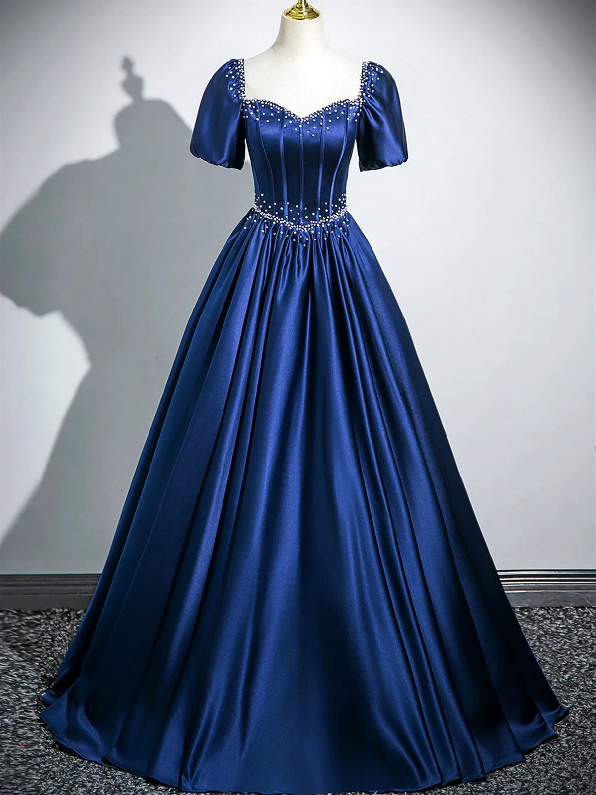 Blue Satin Beaded Short Sleeves Long Formal Dress, Blue Sweetheart Pro