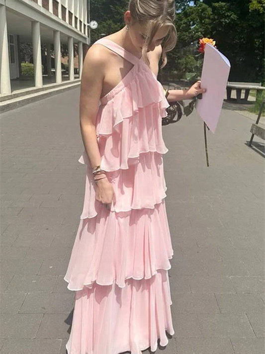 Pink Chiffon Backless A-line Layers Prom Dress, Pink Chiffon Party Dress Evening Dress