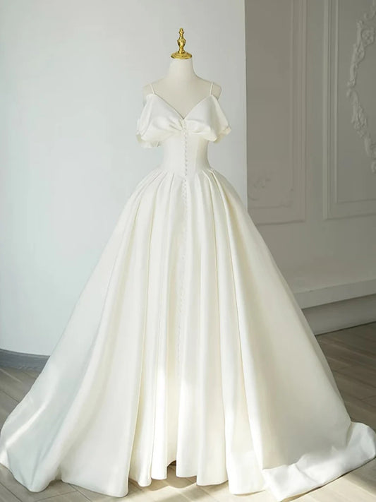 A-line White Satin Straps Long Wedding Party Dress, White Satin Long Prom Dress