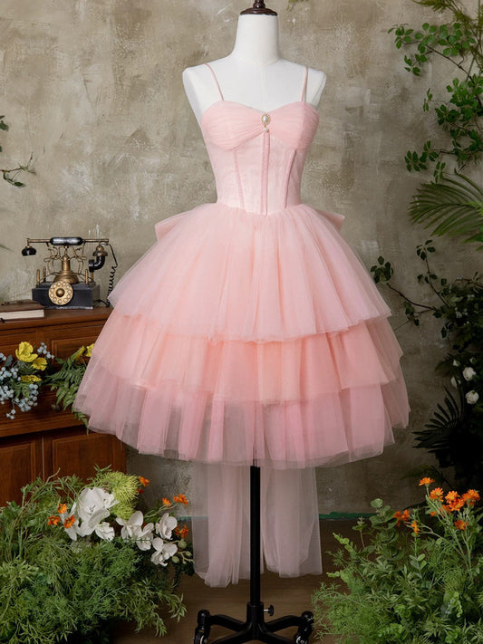 Pink Tulle Sweetheart Straps Knee Length Party Dress, Pink Tulle Homecoming Dress