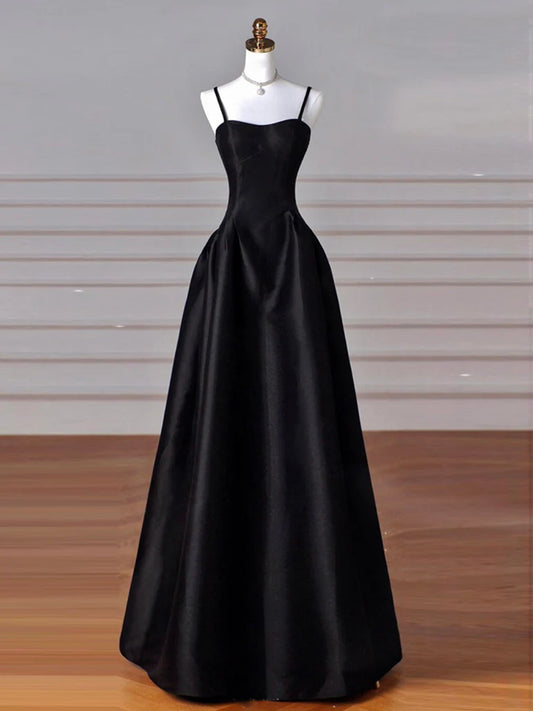 Simple Black A-line Satin Straps Long Party Dress, Black Satin Prom Dress