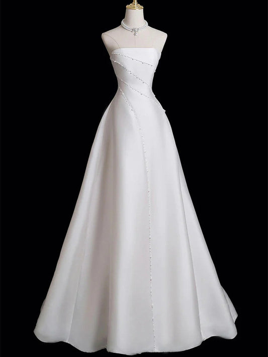 White Satin Beaded Strapless Long Party Dress, White Simpe Wedding Party Dresses