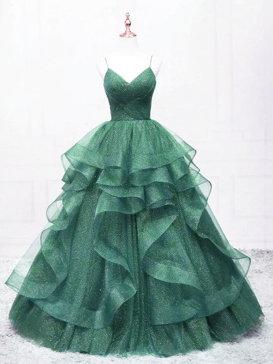 Dark Green Tulle Layers Straps V-neckline Prom Dress, Dark Green Tulle Evening Dress