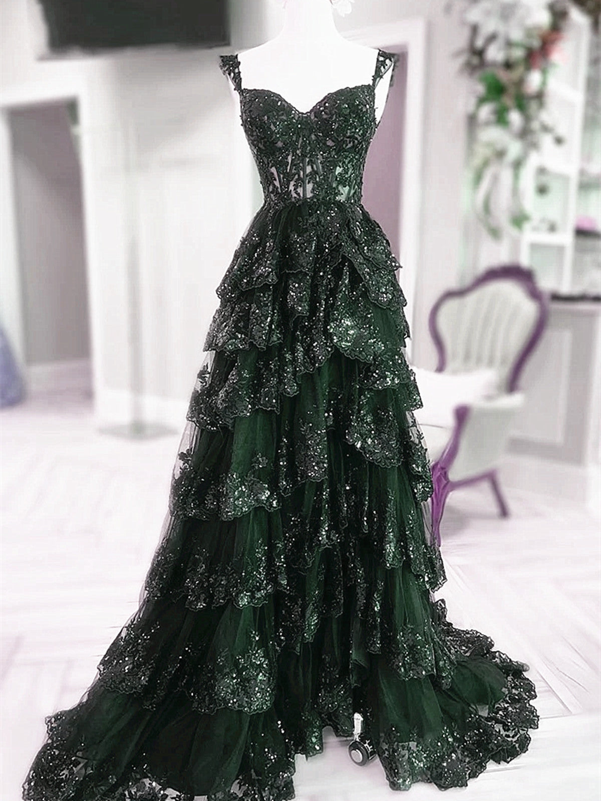 green tulle prom dress Lace Long Green Tulle Lace Formal Dress US 14 / Custom Color Line Dress Olive Green Evening Dress Round