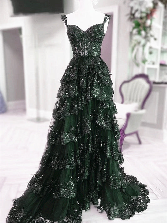 Green Tulle with Lace Straps Layers Party Dress, Green Tulle Prom Dress