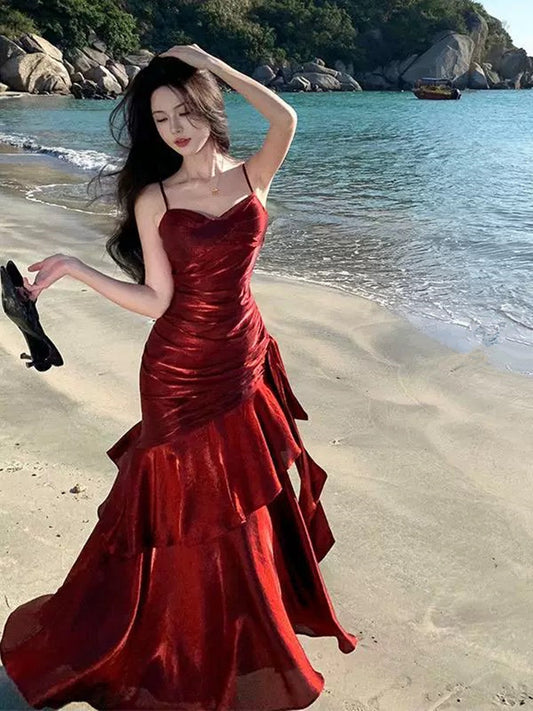 Wine Red Satin Mermaid Chic Sweetheart Prom Dress, Wine Red Satin Long Eveming Dress