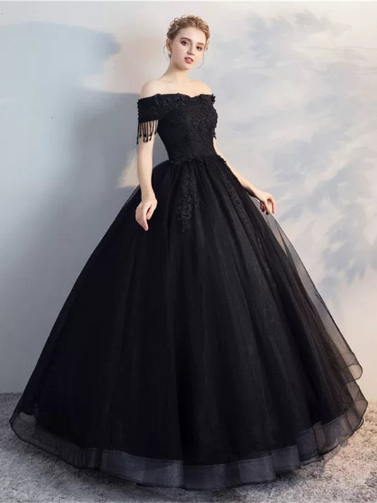 Black Off Shoulder Tulle with Lace Applique Long Party Dress, Black Tulle Prom Dress