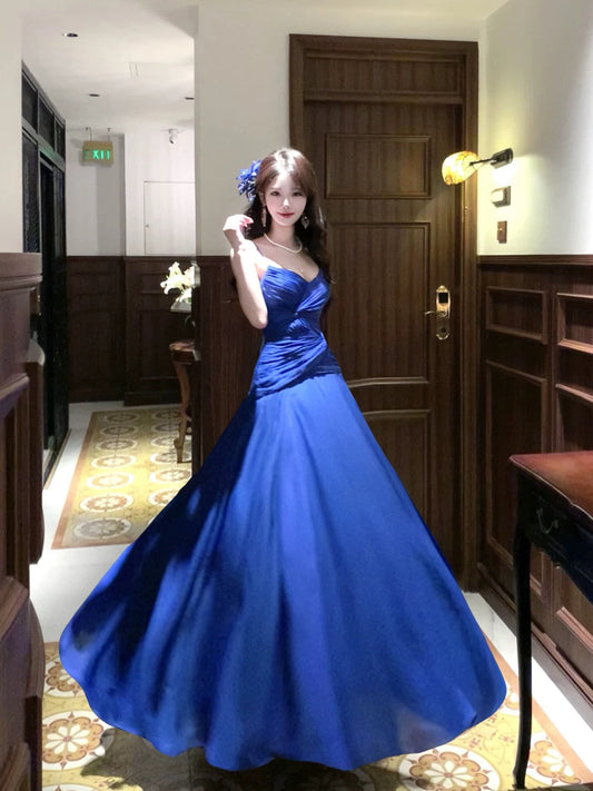Blue Chiffon A-line V-neckline Straps Evening Dress, Blue Chiffon Long Prom Dress