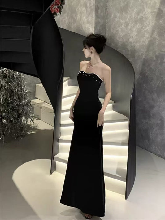 Black Sweetheart Strapless Long Formal Dress Evening Dress, Black Velvet Prom Dress