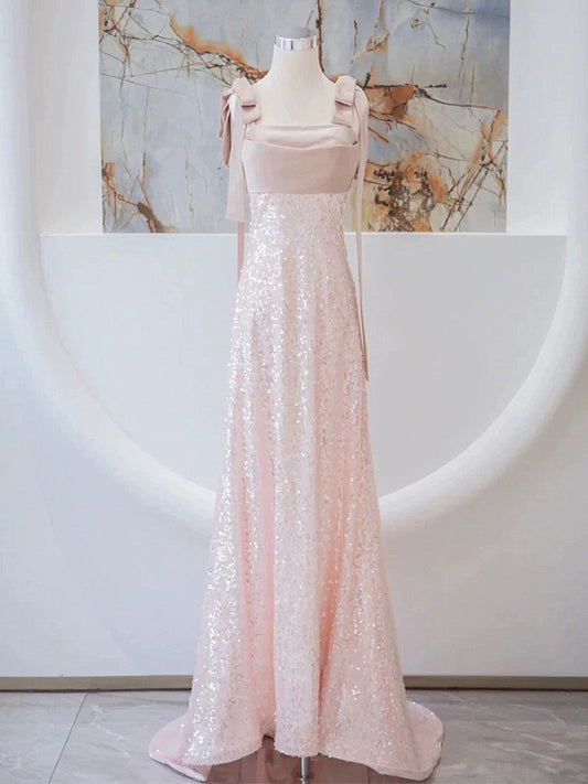 A-line Sequins Pink Straps Long Formal Dress, Simple Pink Evening Dress Prom Dress