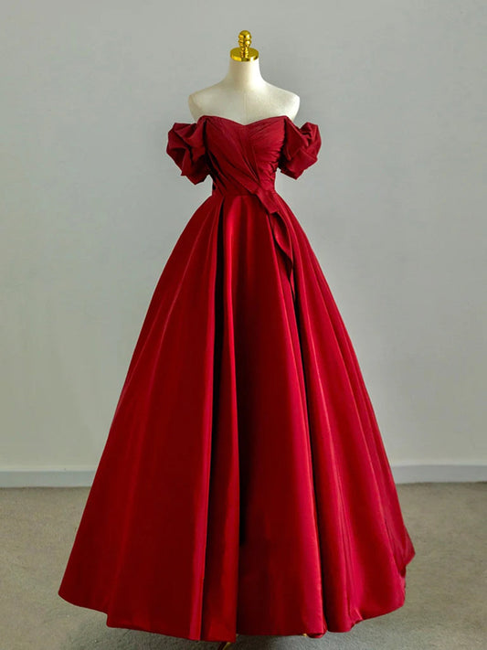Wine Red Satin Off Shoulder A-line Prom Dress, Wine Red Satin Long Evening Dress