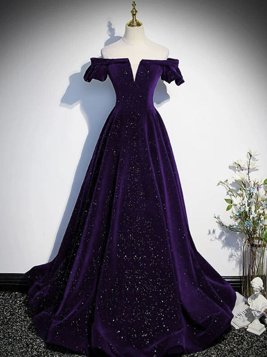 Glam Purple Velvet Off Shoulder Long Evening Dress, A-line Purple Velvet Prom Dress