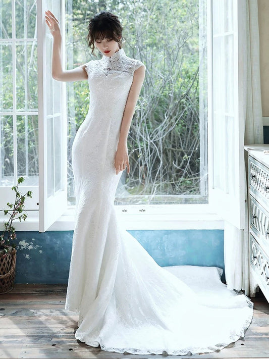 White Mermaid Lace High Neckline Wedding Party Dress, White Long Wedding Dress