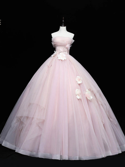 Lovely Pink Tulle Ball Gown Long Formal Dress, Pink Flowers Long Sweet 16 Dress