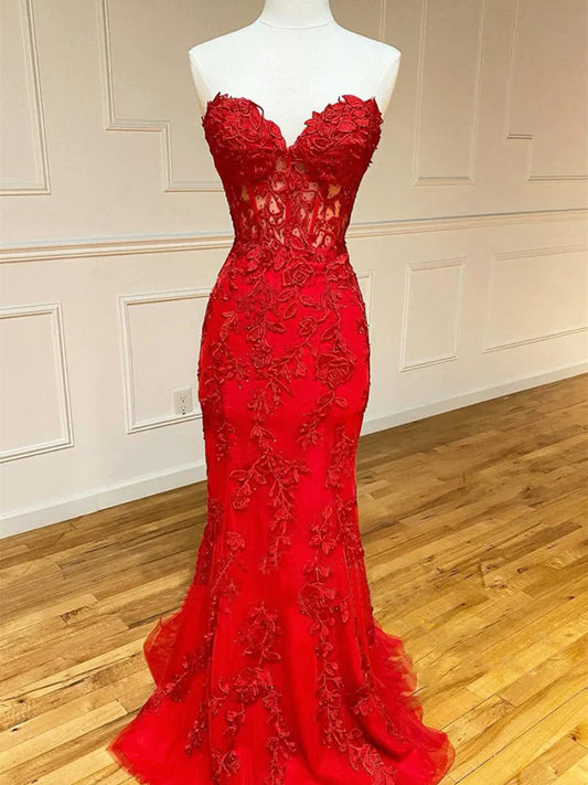 Red Strapless Sweetheart Mermaid Long Party Dress, Red Tulle with Lace Prom Dress