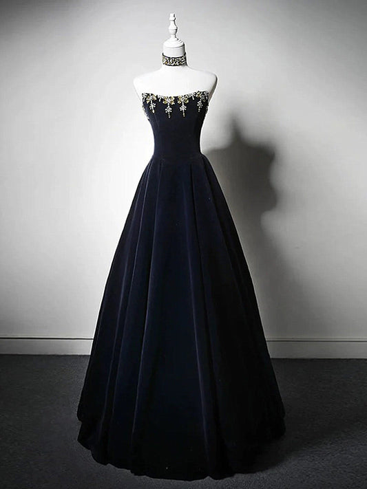 Navy Blue Velvet Beaded Floor Length Party Dress, Navy Blue Velvet Long Prom Dress