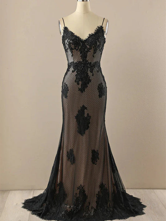 Black and Champagne Sweetheart Mermaid Party Dress, Long Straps Evening Dress Prom Dress