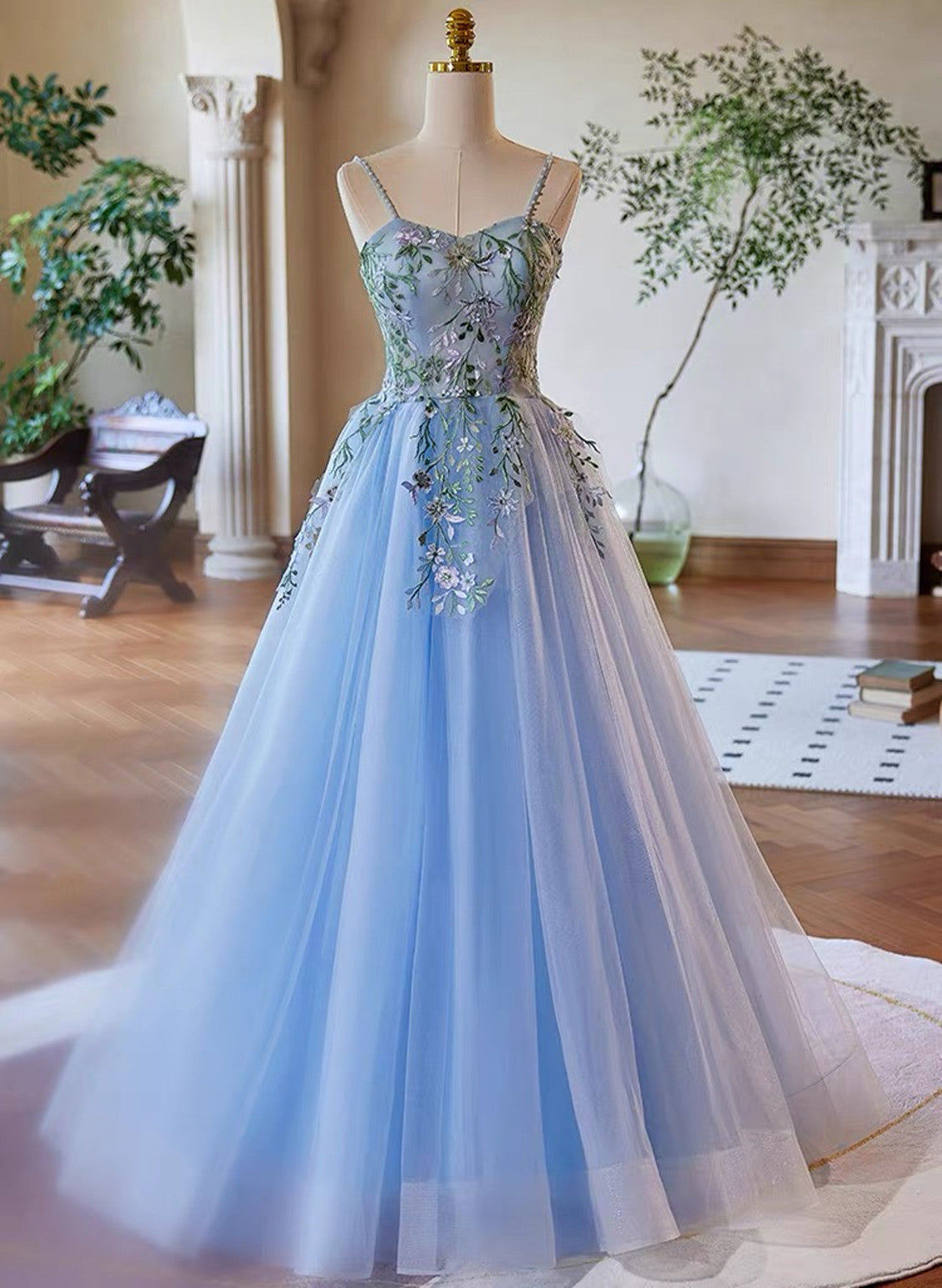 Light Blue Tulle Straps with Lace Applique Prom Dress, Light Blue Part