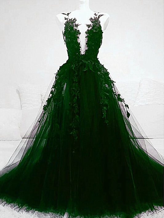 Green Tulle with Lace Applique Beaded Party Dress, Green Tulle Long Evening Dress