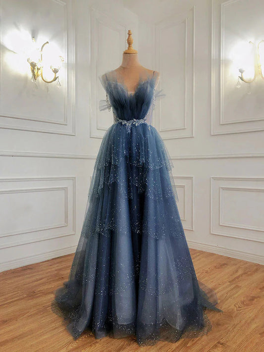 Glam Dark Blue Beaded Long Tulle Party Dress, Dark Blue Prom Dress