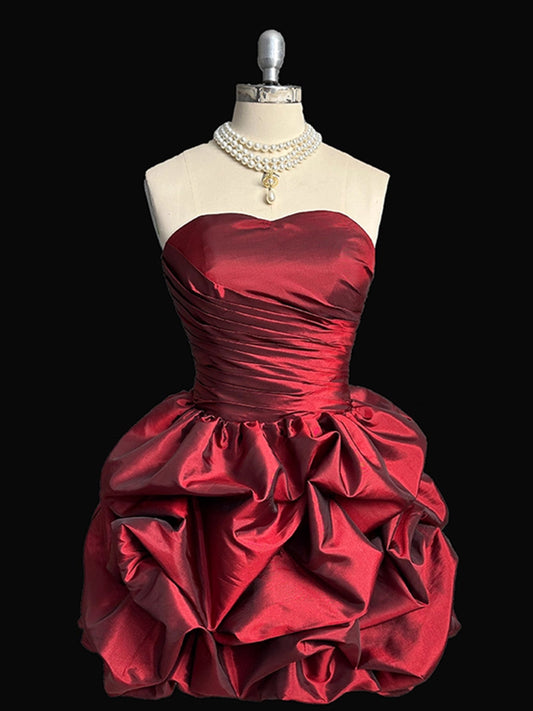 Wine Red Strapless Taffeta Scoop Short Homecoming Dress, Wine Red Taffeta Short Prom Dress