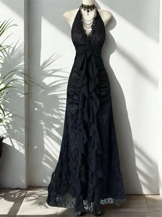 Lace Halter Black V-neckline Floor Length Party Dress, Black Lace A-line Prom Dress
