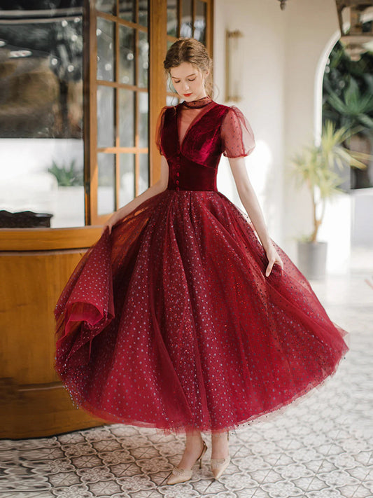 Wine Red Velvet and Tulle Tea Length Homecoming Dress, Wine Red Wedding Party Dress