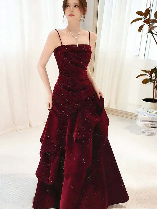 Wine Red Straps Velvet Long Formal Dress, Wine Red Velvet Layers Prom Dress Evening Dress