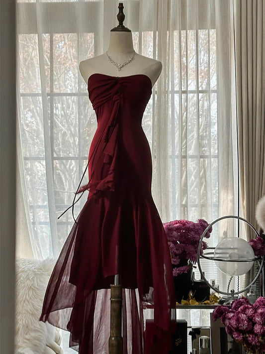 Wine Red High Low Chiffon Sweetheart Party Dress, Wine Red Chiffon Homecoming Dress