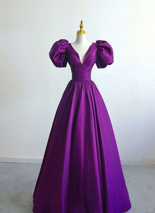 Purple Satin A-line Short Sleeves Long Formal Dress, Purple Prom Dress