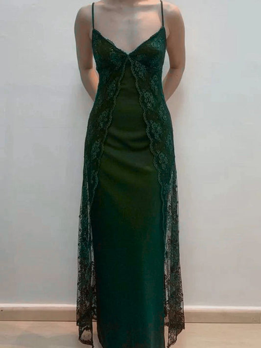 Dark Green V-neckline Straps Long Party Dress, A-line Green Lace Prom Dress