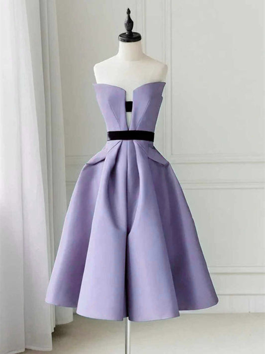 A-line Light Purple Satin Knee Length Party Dress, Light Purple Satin Homecoming Dress