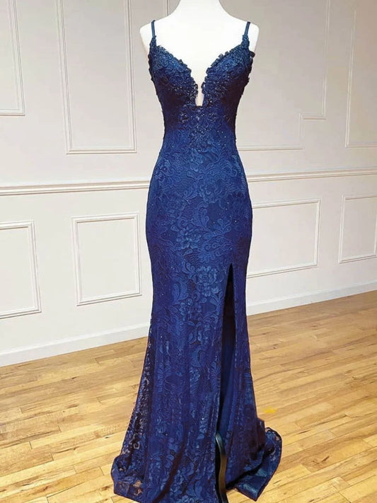 Navy Blue Lace Mermaid Straps Prom Dress With Side Slit, Navy Blue Long Evening Dress